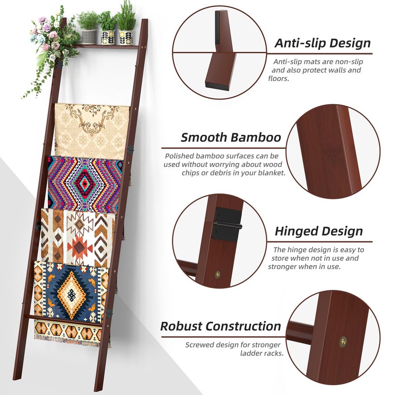 BAMBANG 6-Tier Blanket Ladder for Living Room, Blanket Quilt Ladder Rack Rustic Decorative Towel Holder, Wall Leaning Blanket Ladder Shelf Storage Farmhouse Decor for Bedroom Bathroom, Brown - Image 3