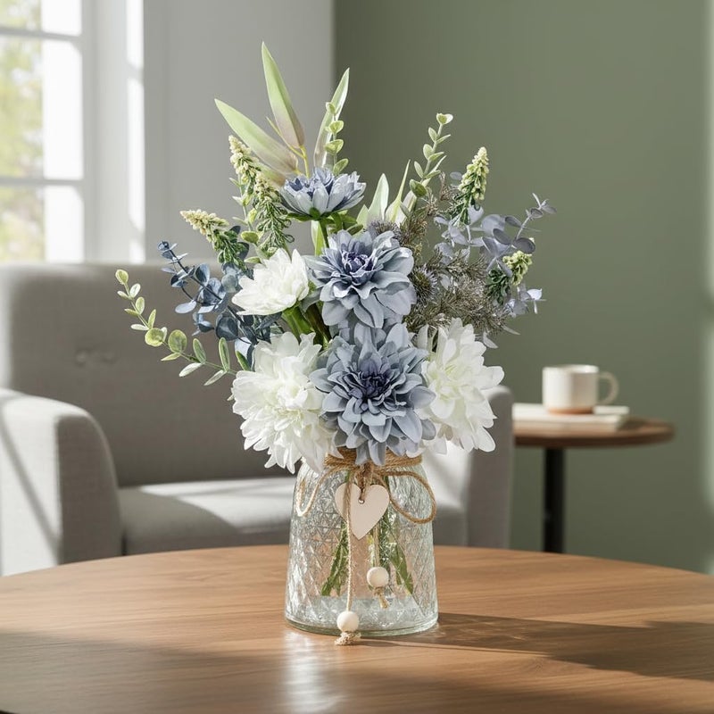 LADADA Artificial Flowers in Glass Vases, Silk Dahlia in Vases, Offices, Farmhouses, Bathrooms, Dining Tables, Coffee Tables, Decorative Artificial Flowers - Image 1