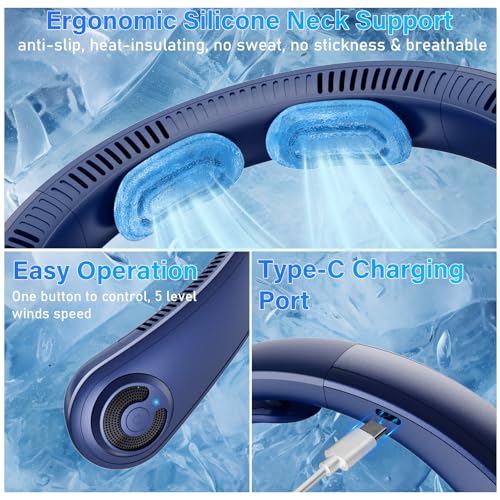 EYERZ 5000mAh Portable Neck Fan, [16H Long Lasting] Bladeless Personal Fan, 5 Speeds Wearable Fan for Neck, Ultra Quiet Rechargeable Cooling Fan for Travel, Outdoor, Hot Flashes, Golf, Office - Image 5
