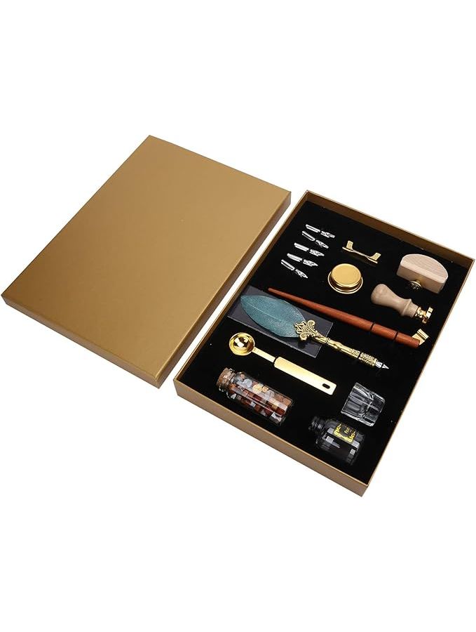 Pearlescent Dark Green Calligraphy Set with 5 Nibs Oblique Pen Ink Stamp Kit - Image 1