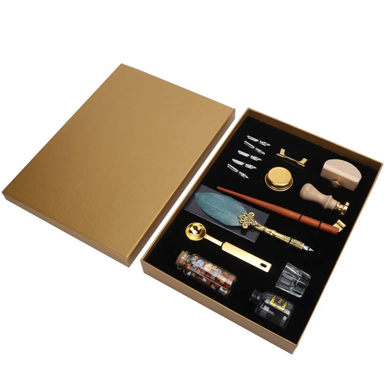 Pearlescent Dark Green Calligraphy Set with 5 Nibs Oblique Pen Ink Stamp Kit - Image 2