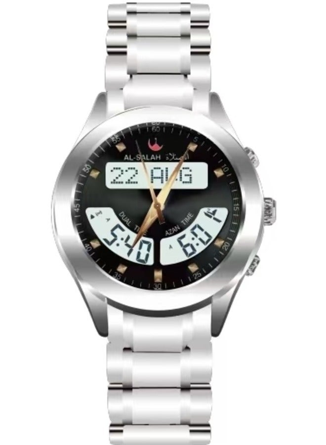 Silver Islamic Prayer Watch Quartz Digital & Analog Stainless Steel Watch for Men