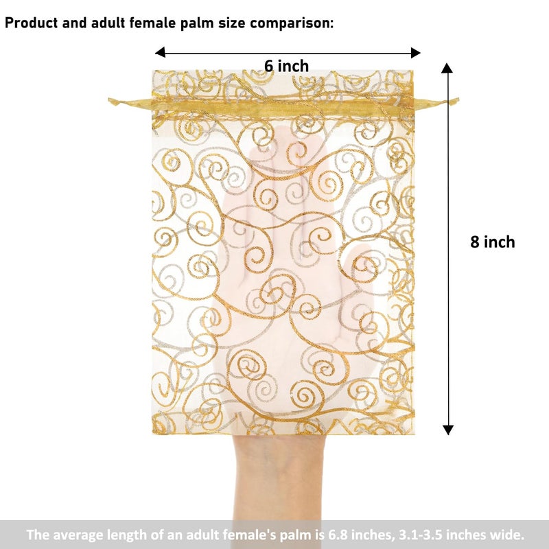 Staruby Organza Gift Bags 50 Pcs Gold Sheer Organza Bag 6x8 Inch Mesh Favor Bags Drawstring Jewelry Rattan Printed Gift Pouches for Wedding Party Favors Couple Shower Christmas Gifts Candy Bags - Image 2