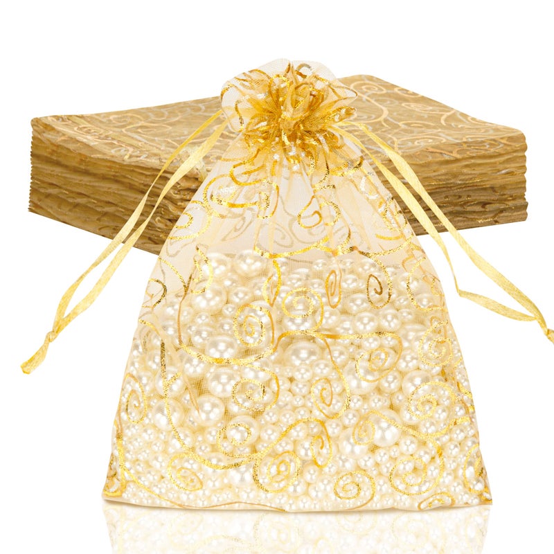 Staruby Organza Gift Bags 50 Pcs Gold Sheer Organza Bag 6x8 Inch Mesh Favor Bags Drawstring Jewelry Rattan Printed Gift Pouches for Wedding Party Favors Couple Shower Christmas Gifts Candy Bags - Image 1