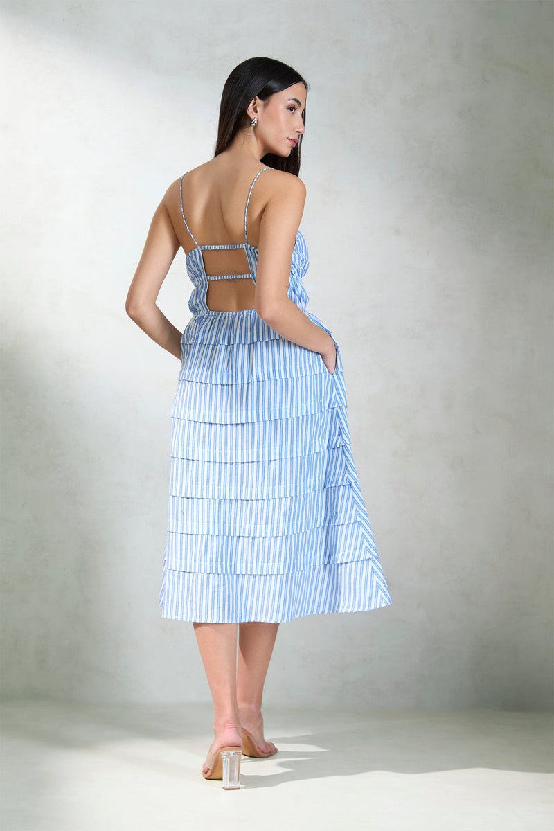 Virgio Stripes Cotton Blue Striped Tiered Midi Dress for Women - Image 3