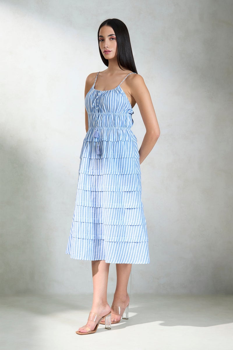 Virgio Stripes Cotton Blue Striped Tiered Midi Dress for Women - Image 4