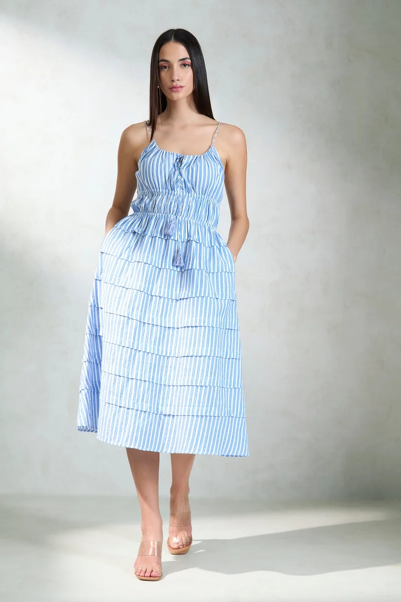 فيرجيو Stripes Cotton Blue Striped Tiered Midi Dress for Women