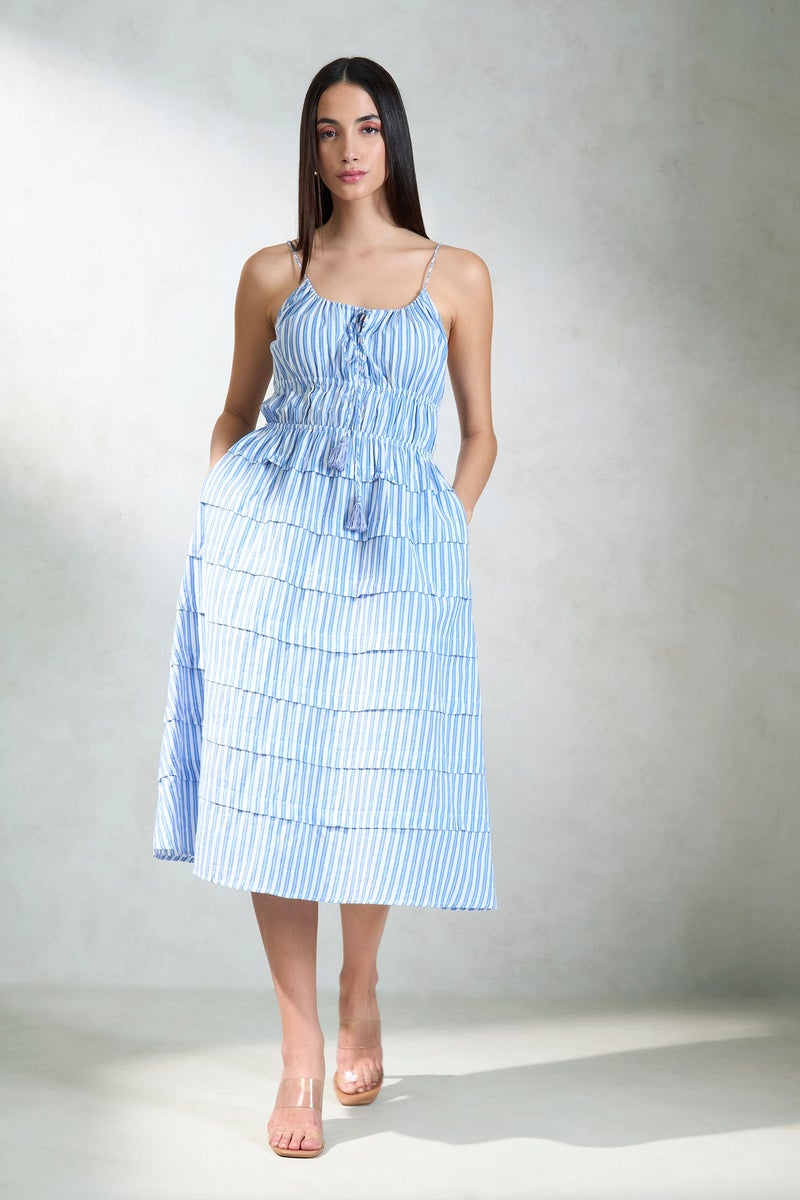 Virgio Stripes Cotton Blue Striped Tiered Midi Dress for Women - Image 2