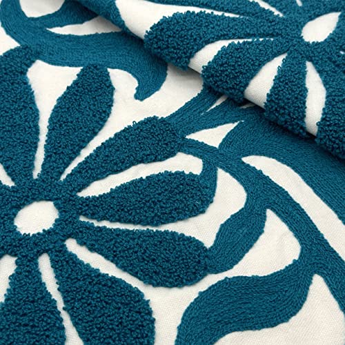 Alysheer Farmhouse Floral Leaves Embroidered Decorative Throw Pillow Cover 18x18 inches, Boho Tufted Flowers Embroidery Pattern Chic Cotton Cushion Case for Couch Bed Sofa Living Room(Teal Blue) - Image 3