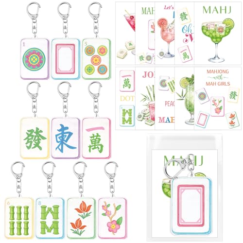 Kigeli 20 Sets Acrylic Mahjong Tile Keychains with Cocktail Card and Cellophane Bags Funny Mahjongs Trinkets Gifts for Women Men Nights Mahjong Night Lovers Party Favors Supplies 10 Styles - Image 1