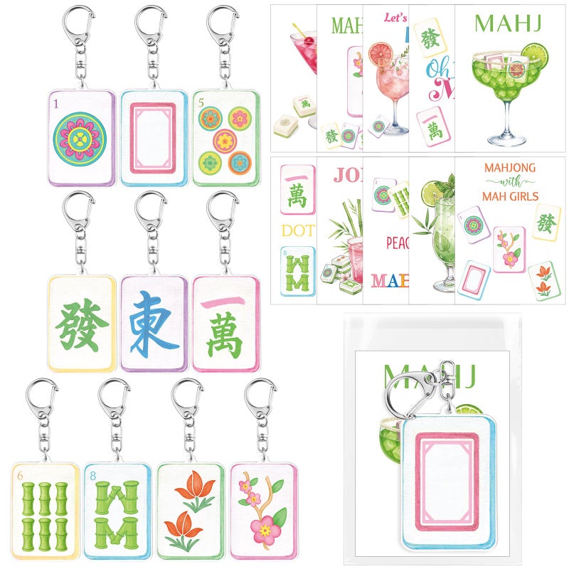 Kigeli 20 Sets Acrylic Mahjong Tile Keychains with Cocktail Card and Cellophane Bags Funny Mahjongs Trinkets Gifts for Women Men Nights Mahjong Night Lovers Party Favors Supplies 10 Styles - Image 3