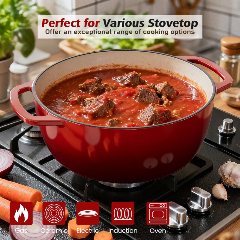 Umite Chef 6QT Enameled Cast Iron Dutch Oven with Lid, Versatile Heavy-Duty Cookware Pot for Baking Bread, Braising, Soups & Stews, Oven & Stovetop Safe with Heat Resistant Glovesï¼ˆRedï¼‰ - Image 2