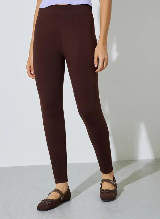 Styli Brown Solid Cotton Blend Leggings