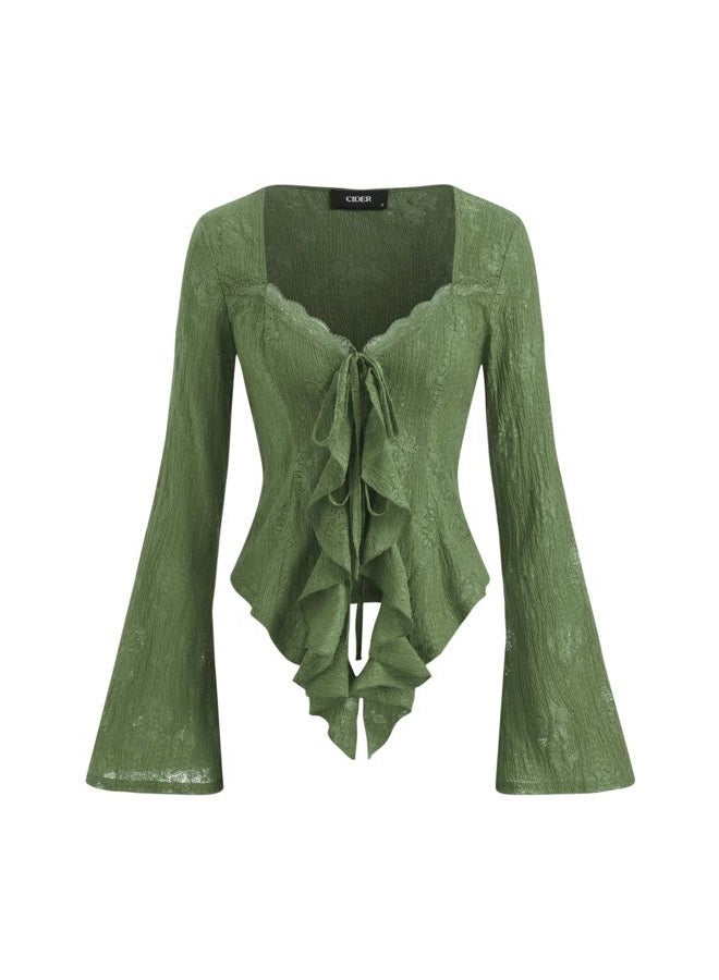 CIDER Womens Going Out Tops Lace Bell Long Sleeve Square Neck Ruffle Tie Front Tops, Green, M - Image 1