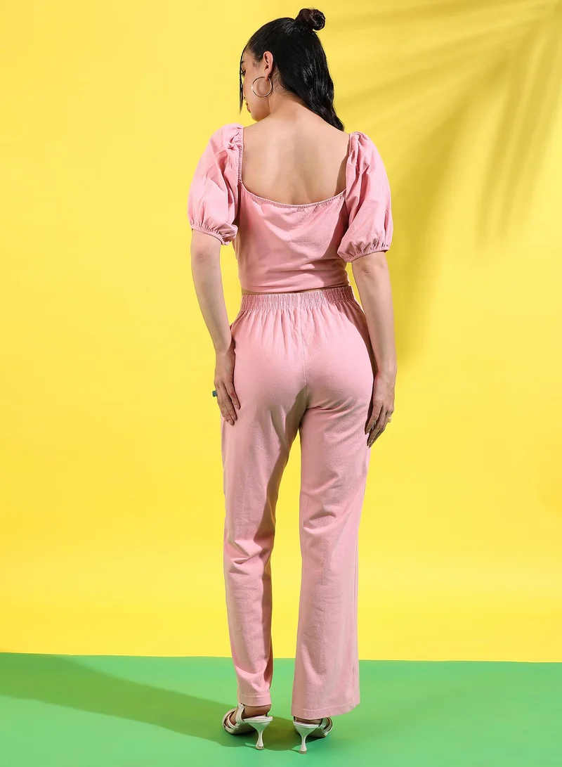 Pinacolada  Women's Solid Baby Pink Knotted Waist Co-Ord Set For Casual Wear | Long Sleeve | Poly Cotton Fabric | Round Neck Clothing Set Crafted With Comfort Fit For Everyday Wear for Women | Best Price UAE