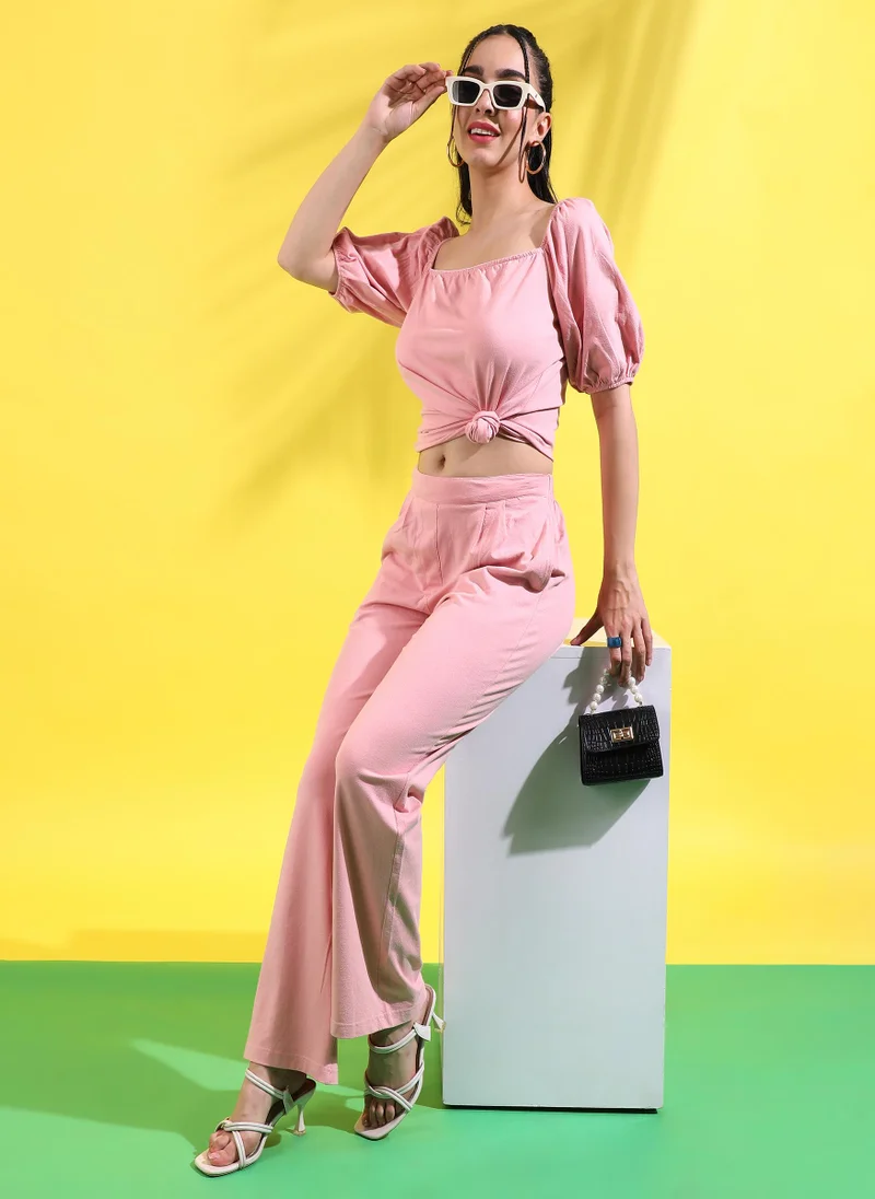 Pinacolada  Women's Solid Baby Pink Knotted Waist Co-Ord Set For Casual Wear | Long Sleeve | Poly Cotton Fabric | Round Neck Clothing Set Crafted With Comfort Fit For Everyday Wear for Women | Best Price UAE