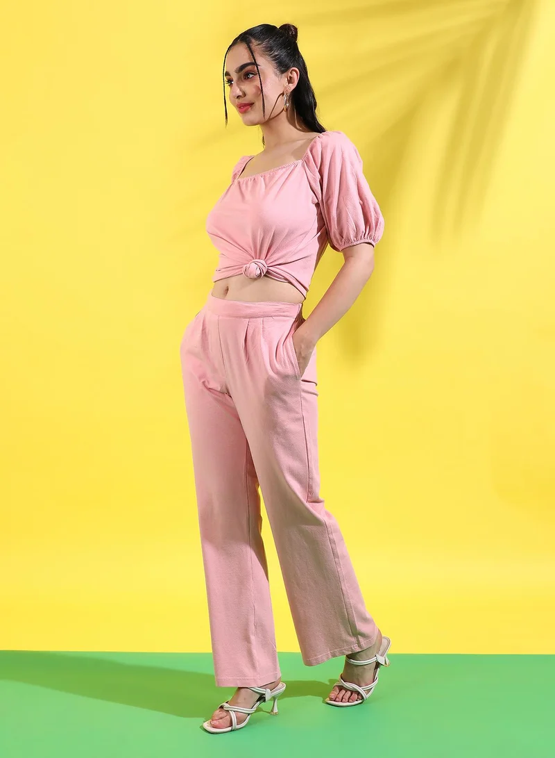 Pinacolada  Women's Solid Baby Pink Knotted Waist Co-Ord Set For Casual Wear | Long Sleeve | Poly Cotton Fabric | Round Neck Clothing Set Crafted With Comfort Fit For Everyday Wear for Women | Best Price UAE