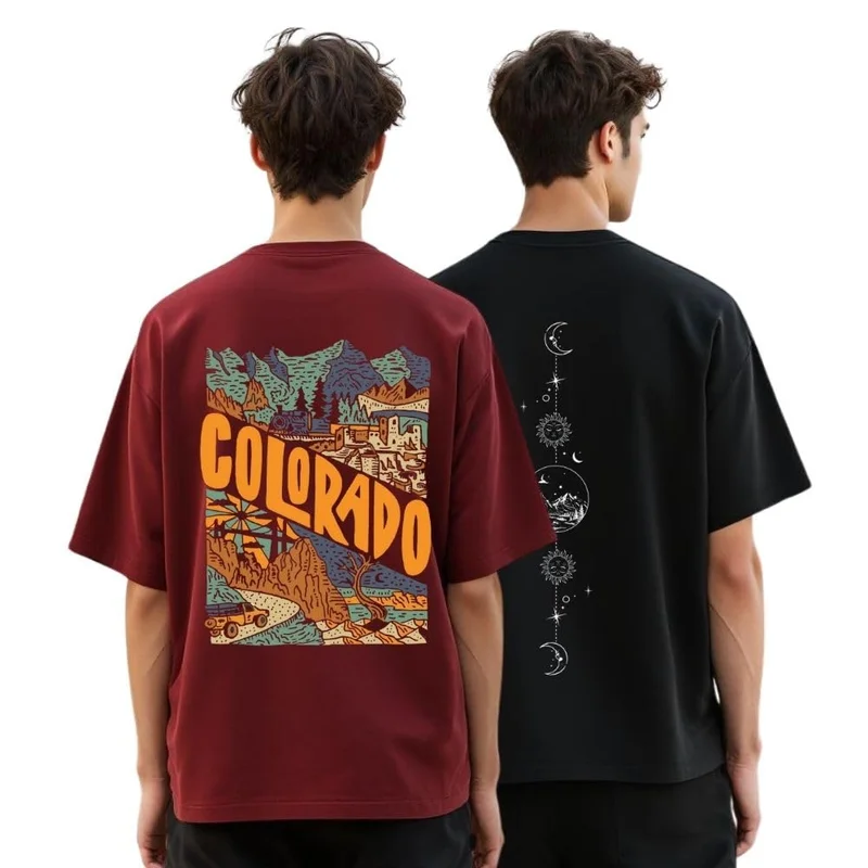 نوبيرو Men's Oversized Graphic T-Shirt in Maroon and Black