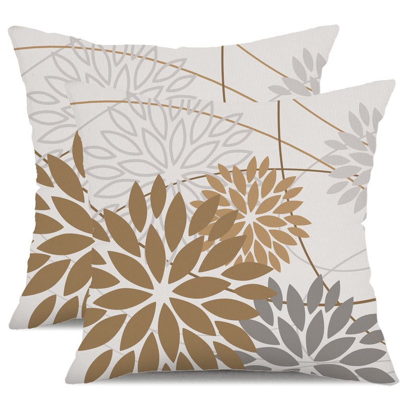 DFXSZ Brown Grey Outdoor Pillow Cover 18X18 Inch Set of 2 Outdoor Waterproof Summer Floral Brown Decorative Pillow case Decor for Couch Patio Funiture Garden Print Polyester Cushion Cover 01E18 - Image 2