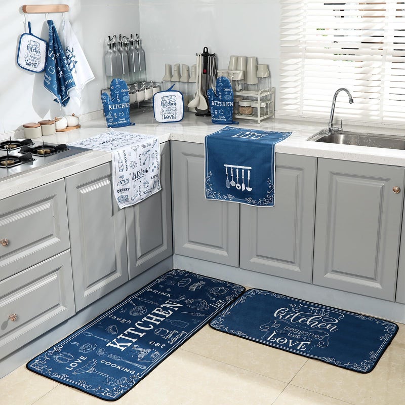Fourluoo 10 Pcs Farmhouse Kitchen Decor Set 4 Navy Blue Kitchen Dish Towels 2 Blue and White Pot Holders 2 Oven Mitts 2 Rustic Rugs Mats for Floor for Home Decorations Cooking Baking Mom Gifts Accessories - Image 4