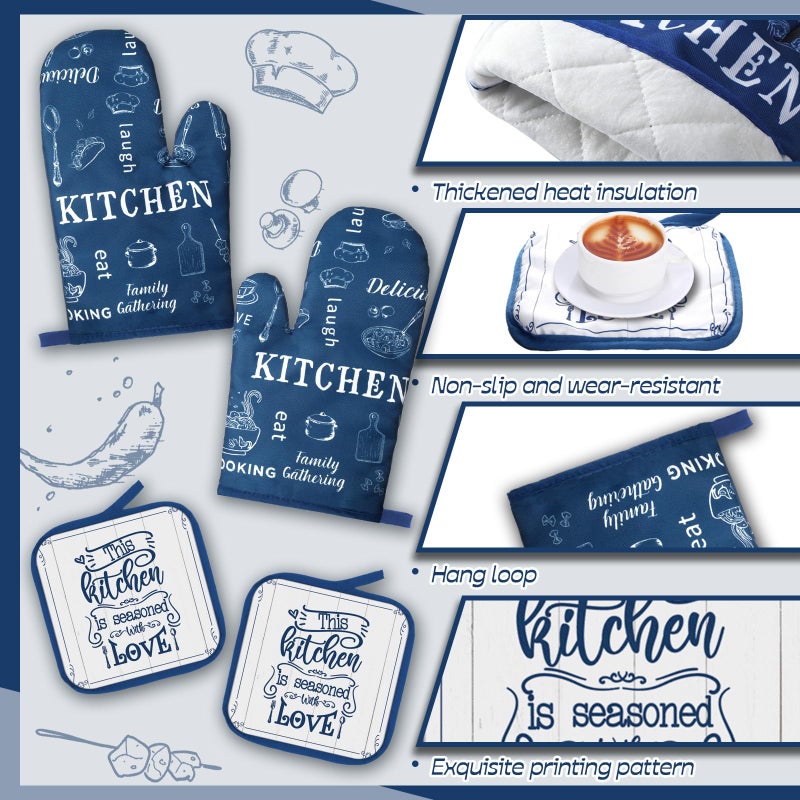 Fourluoo 10 Pcs Farmhouse Kitchen Decor Set 4 Navy Blue Kitchen Dish Towels 2 Blue and White Pot Holders 2 Oven Mitts 2 Rustic Rugs Mats for Floor for Home Decorations Cooking Baking Mom Gifts Accessories - Image 5