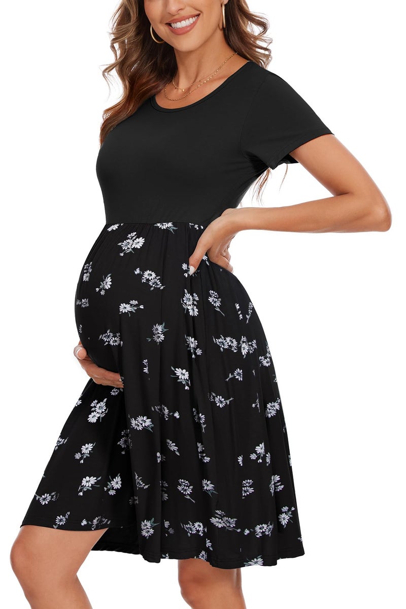 WOOXIO Women's Short Sleeve Maternity Dress Patchwork Pregnancy Clothes with Pockets Medium,Black-Floral Black White - Image 1