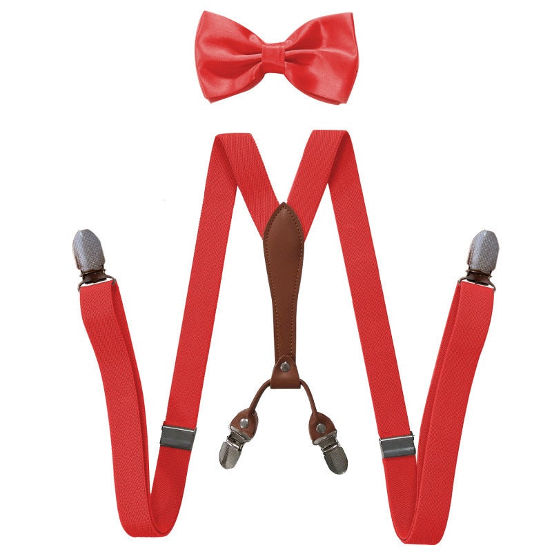 Fashionable Trendy Unisex Elastic Adjustable Suspenders Anti-slip Universal Bib Pants For Adults Kids Loose Fitting Big Red 