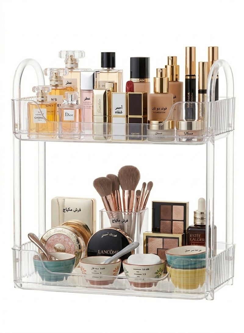 ستاند منظم مكياج وعطور أكريليك شفاف قطعتين فوق بعض - رف توفير مساحة للمطبخ والمنزل - مثالي لتنظيم الكريمات وأدوات التجميل على الطاولة - قوي ومتين بمقاس 30 × 17 سم - تصميم كريستالي موفر للمساحة - Image 1