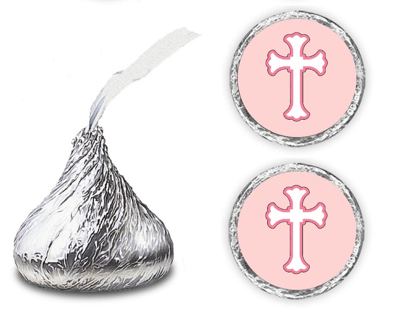 216 Pink Cross Kisses Stickers Labels Cross for Baptism Christening Decorations Communion or Baby Shower Kisses Labels Favors Pink Made in USA
