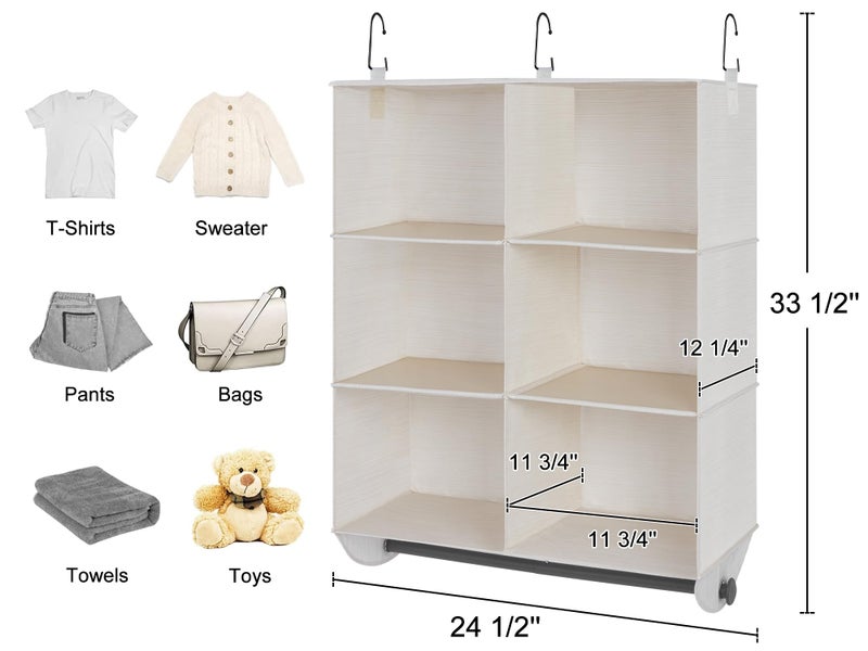 StorageWorks Hanging Closet Organizer with Metal Rod, 6-Section Closet Organizers and Storage, Collapsible Hanging Shelves for Baby Clothes, Shoes, Sweater Storage, Ivory and White - Image 2