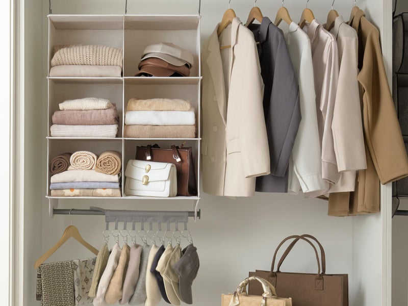 StorageWorks Hanging Closet Organizer with Metal Rod, 6-Section Closet Organizers and Storage, Collapsible Hanging Shelves for Baby Clothes, Shoes, Sweater Storage, Ivory and White - Image 3