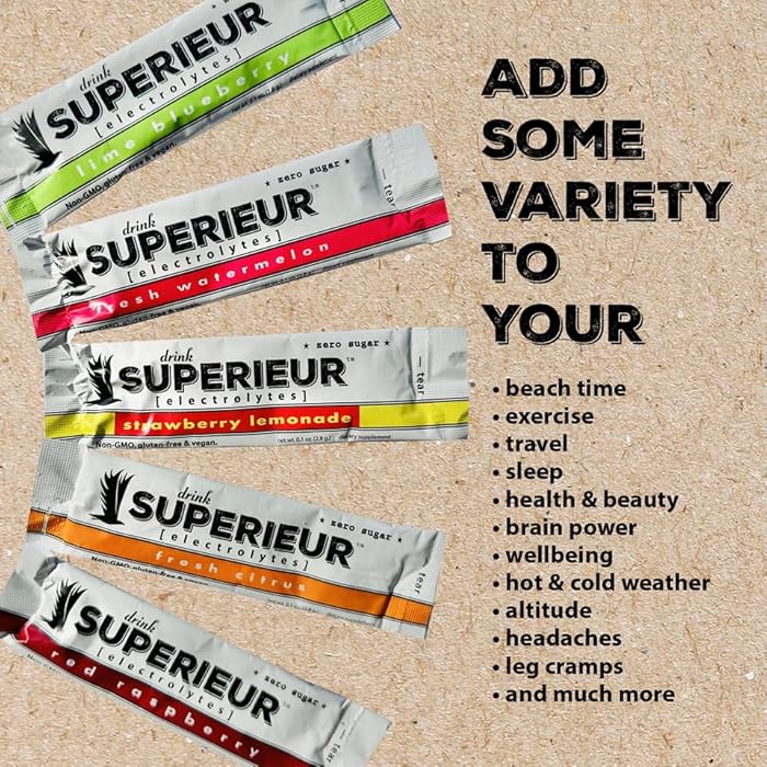 Superieur Electrolyte Powder Packets - Vegan Electrolyte Hydration Powder w/Sea Minerals - Keto Friendly, Non-GMO, Zero Sugar Electrolyte Supplement-Healthy Sports Drink -Sampler Pack (20 Packets) - Image 3