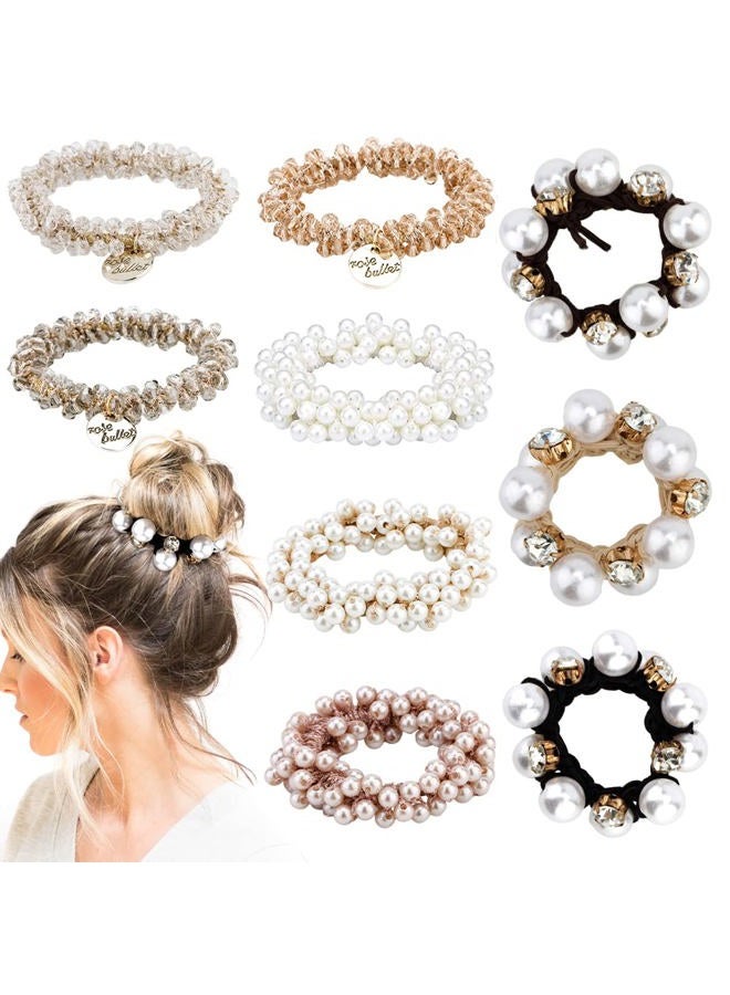 Ahoney 9Pcs Pearl Hair Ties Elastic Hair Scrunchies Hold Crystal Beads Bulk Hair Ropes Stretchy Handmade Boho Hair Accessories for Women Girls (Pearl&Crystal) - Image 1