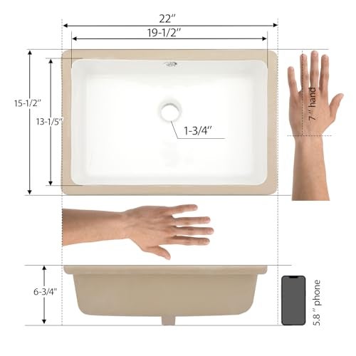 Mocoloo Bathroom Sink Undermount 22"x16" White Rectangle Porcelain Sink with Vertical Sides and Overflow Drain Under Counter Mount Ceramic Lavatory Vanity Sinks for Bathroom Hand Basin - Image 4