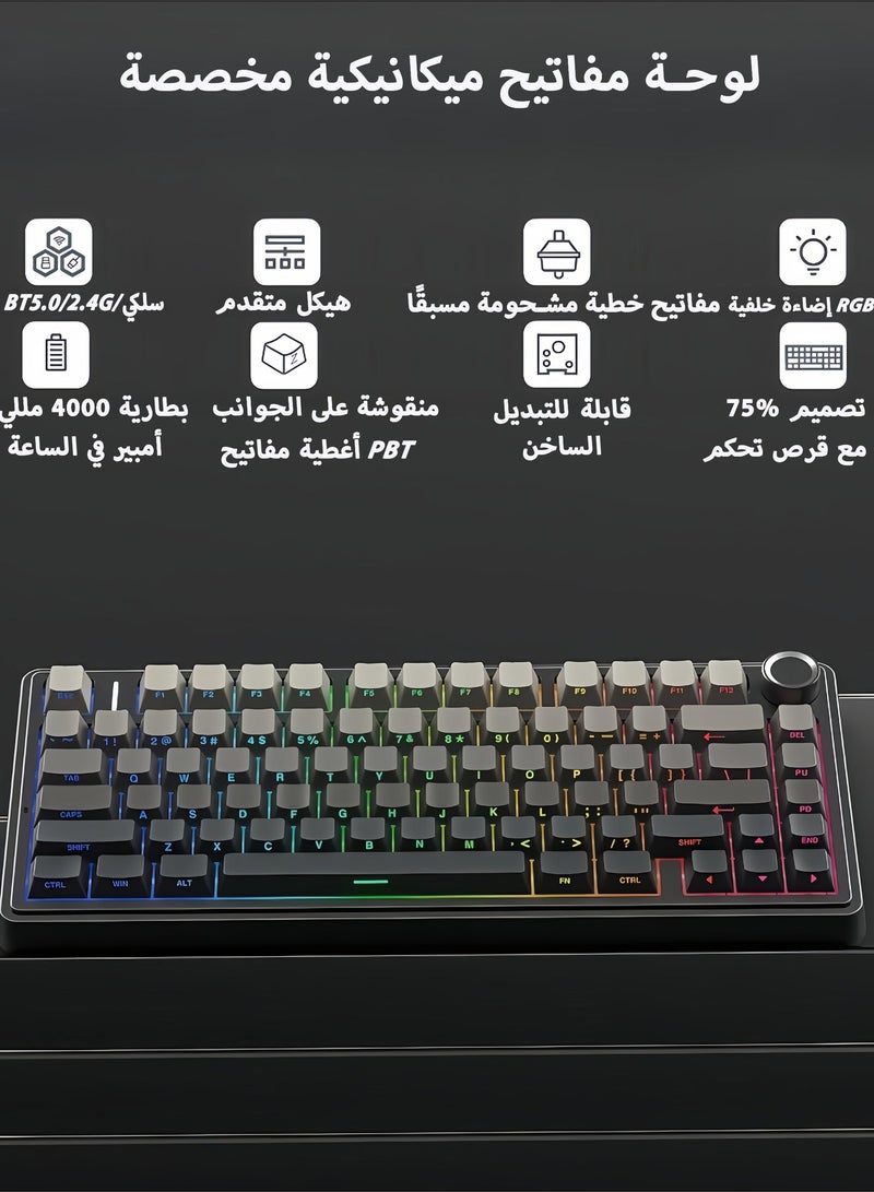 أولا لوحة مفاتيح F75 الميكانيكية بسدادة، لوحة مفاتيح لاسلكية بنسبة 75% قابلة للتبديل الساخن أثناء التشغيل للعب، مع حشو بخمس طبقات ومقبض، بلوتوث/2.4 جيجاهرتز/يو إس بي-سي، إضاءة آر جي بي (التدرج الأسود ) - Image 2