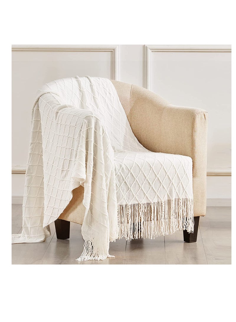 SYOSI Knitted Throw Blankets for Couch Sofa and Bed Lightweight Soft Knit Blanket with Tassel Decorative Cozy Farmhouse Throw Blankets for Women and Man 50"x60" Cream Off White  - Image 1