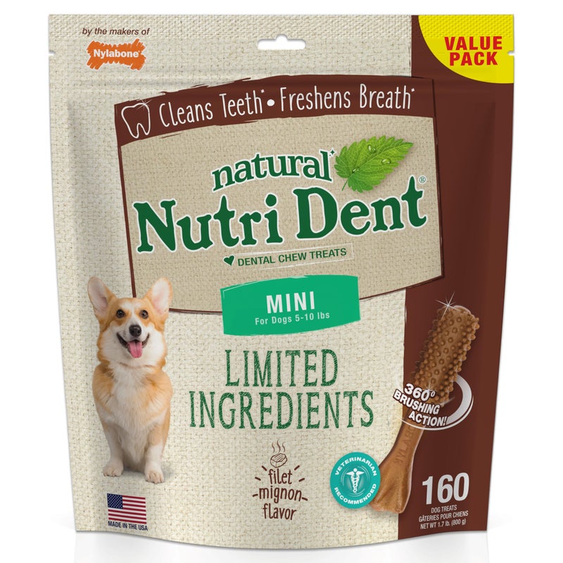 Nylabone Nutri Dent Dog Dental Chews - Natural Dog Teeth Cleaning & Breath Freshener - Dental Treats for Dogs - Filet Mignon Flavor, Mini (160 Count) - Image 1