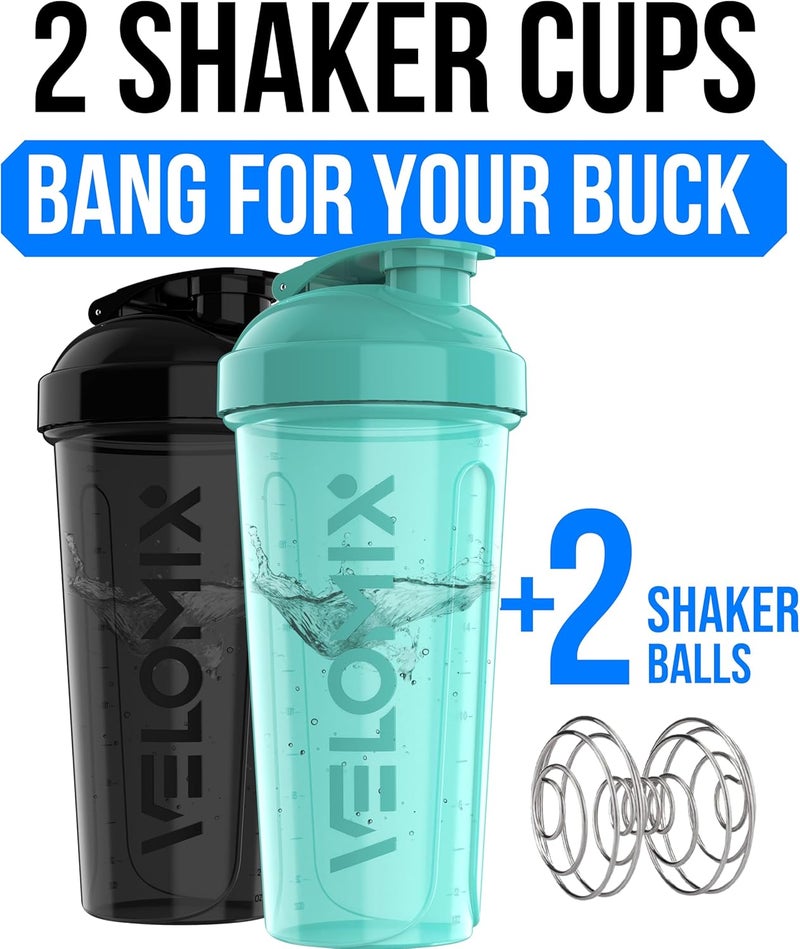 VELOMIX -2 Pack- 28 oz Protein Shaker Bottles for Protein Mixes - 2x Wire Whisk | Leak Proof Shaker Cups for Protein Shakes | Protein Shaker Bottle Pack (Black/Turquoise) - Image 2