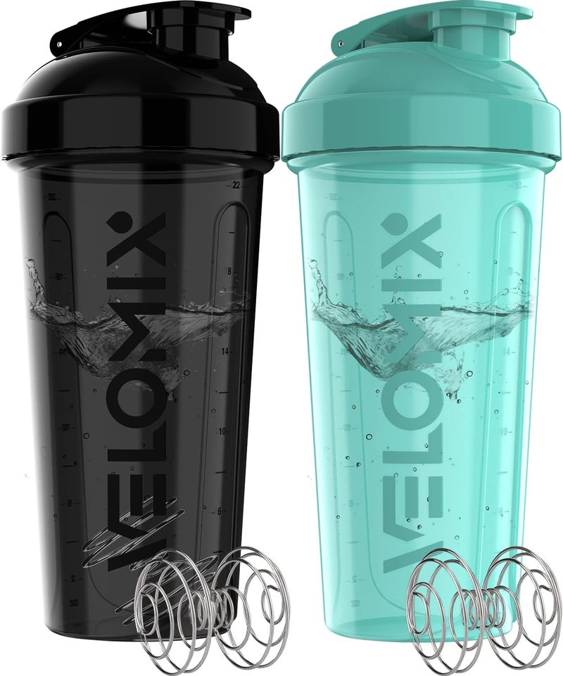 VELOMIX -2 Pack- 28 oz Protein Shaker Bottles for Protein Mixes - 2x Wire Whisk | Leak Proof Shaker Cups for Protein Shakes | Protein Shaker Bottle Pack (Black/Turquoise) - Image 1