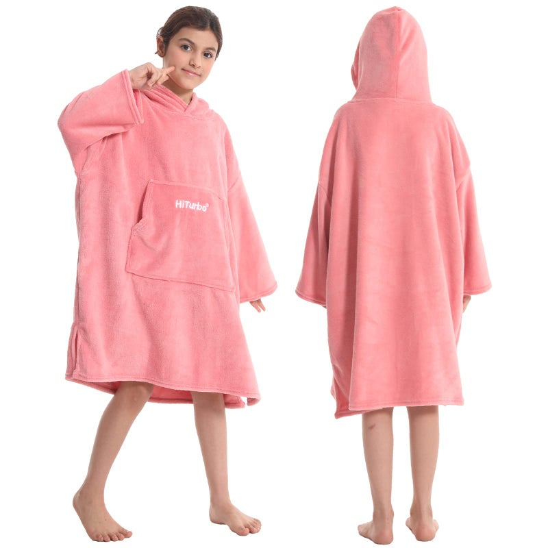 Hiturbo Kids Towel Changing Robe Soft Plush Wearable Blanket Warm Coral Fleece Hoodie Swim Surf Poncho for 512 Years Pink