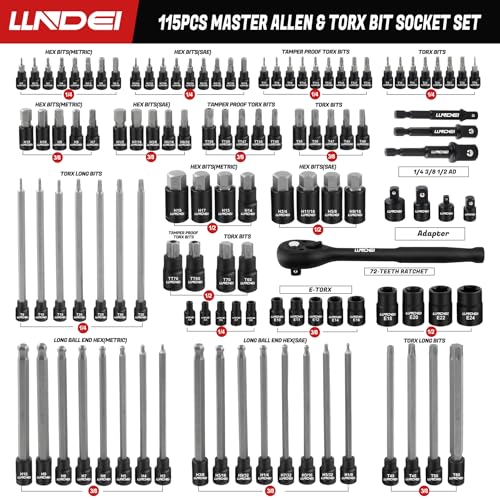 LLNDEI 115-Piece Torx & Allen Bit Socket Set, 1/4",3/8"and 1/2" Drive, Extra Long Torx//Tamper Proof Torx/Hex/Ball End Hex Socket Set, S2 Steel, SAE/Metric, with Ratchet Wrench & Adapters - Image 3