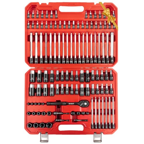 LLNDEI 115-Piece Torx & Allen Bit Socket Set, 1/4",3/8"and 1/2" Drive, Extra Long Torx//Tamper Proof Torx/Hex/Ball End Hex Socket Set, S2 Steel, SAE/Metric, with Ratchet Wrench & Adapters - Image 1