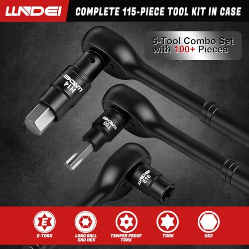 LLNDEI 115-Piece Torx & Allen Bit Socket Set, 1/4",3/8"and 1/2" Drive, Extra Long Torx//Tamper Proof Torx/Hex/Ball End Hex Socket Set, S2 Steel, SAE/Metric, with Ratchet Wrench & Adapters - Image 5