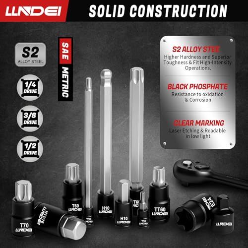 LLNDEI 115-Piece Torx & Allen Bit Socket Set, 1/4",3/8"and 1/2" Drive, Extra Long Torx//Tamper Proof Torx/Hex/Ball End Hex Socket Set, S2 Steel, SAE/Metric, with Ratchet Wrench & Adapters - Image 4