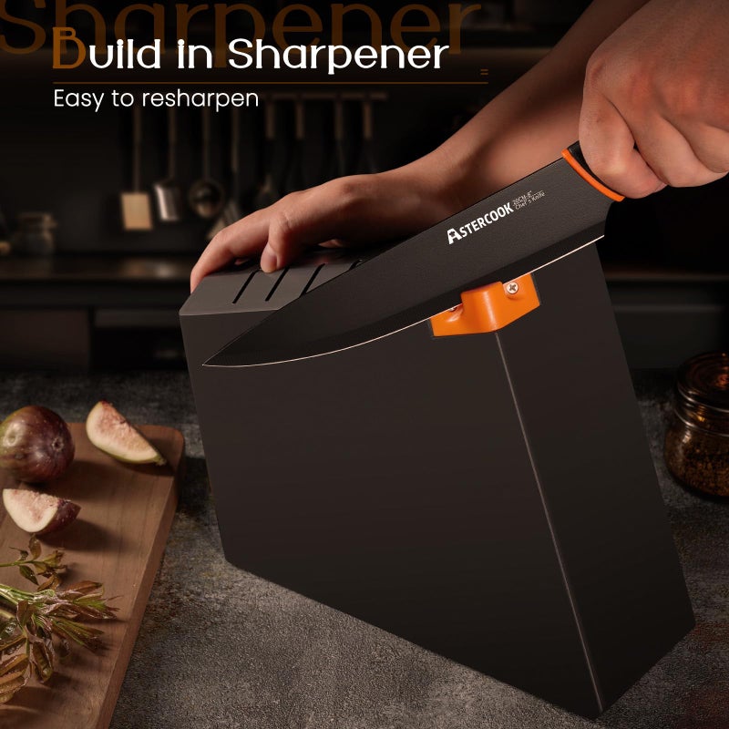 Astercook Knife Set, Astercook 15 Pcs Dishwasher Safe Kitchen Knife Set with Built-in Sharpener, High Carbon German Stainless Steel Black Knife Block Set - Image 4