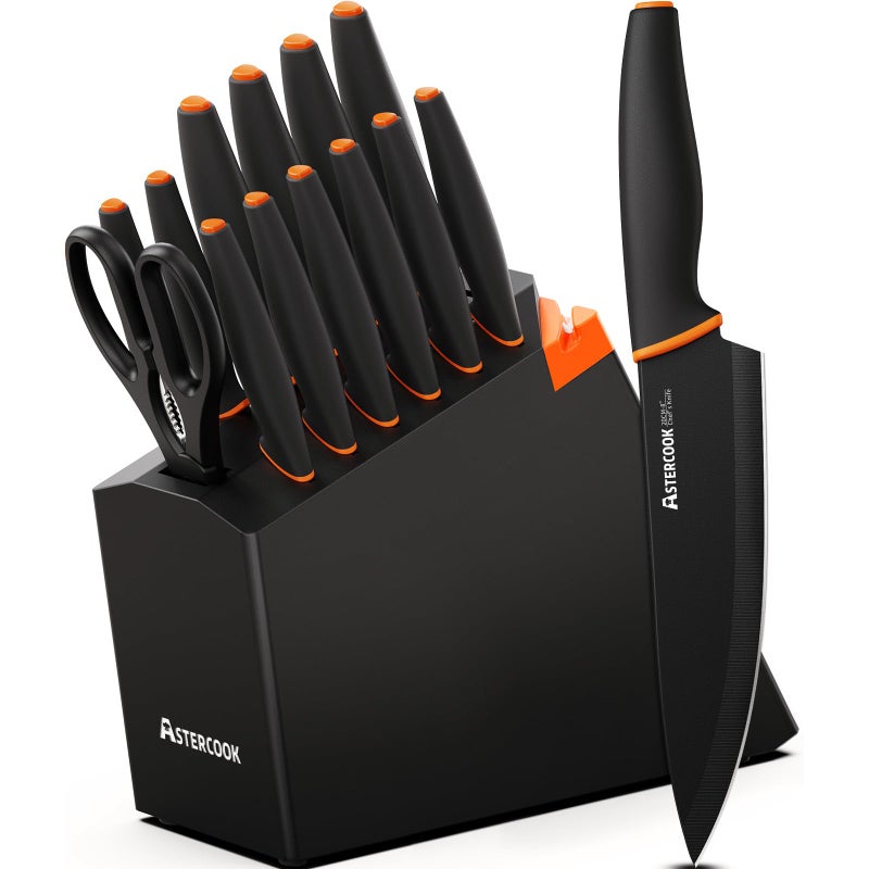 Astercook Knife Set, Astercook 15 Pcs Dishwasher Safe Kitchen Knife Set with Built-in Sharpener, High Carbon German Stainless Steel Black Knife Block Set - Image 1