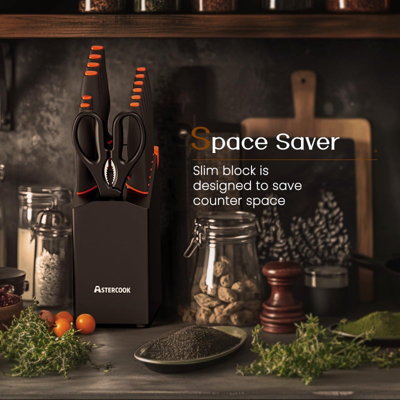 Astercook Knife Set, Astercook 15 Pcs Dishwasher Safe Kitchen Knife Set with Built-in Sharpener, High Carbon German Stainless Steel Black Knife Block Set - Image 3