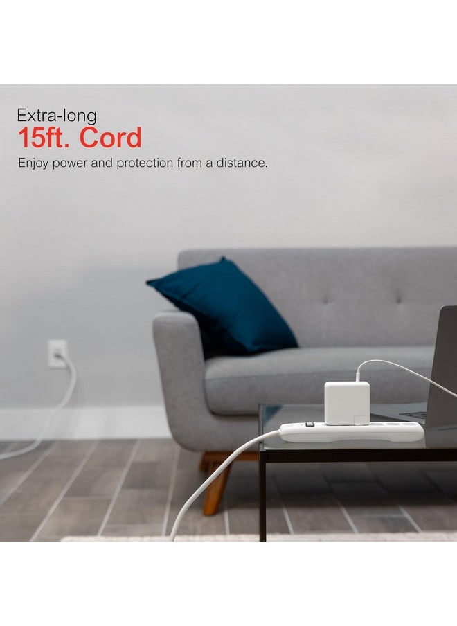 GE GE 6-Outlet Surge Protector, 15 Ft Extension Cord, Power Strip, 800 Joules, Flat Plug, Twist-to-Close Safety Covers, Protected Indicator Light, UL Listed, White, 50768  - Image 5