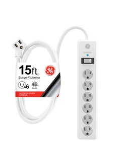 GE GE 6-Outlet Surge Protector, 15 Ft Extension Cord, Power Strip, 800 Joules, Flat Plug, Twist-to-Close Safety Covers, Protected Indicator Light, UL Listed, White, 50768  - Image 1
