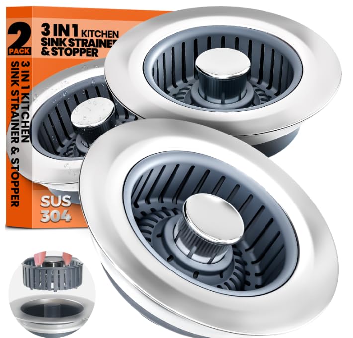 Nipoko Sink Drain Strainer - Sink Stopper, 3-in-1 Kitchen Stainless Steel Drain Plug with Anti-Clog Basket, Pop-Up Cover Fits Standard 3-1/2â€ Openings for Double Bowl Kitchen Sinks - Image 1